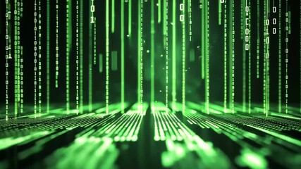 A digital matrix of binary code cascading down, in glowing green, reminiscent of classic sci-fi visuals