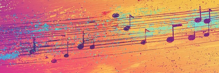 Aufkleber - A lively arrangement of musical notes dances across a vivid, abstract backdrop of bright colors, showcasing the joy and energy of music