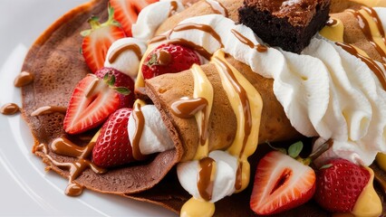 A plate of desserts with chocolate and vanilla ice cream.