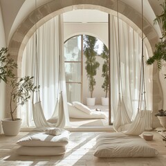 Poster - A tranquil indoor space features swinging chairs and plush cushions, inviting relaxation. Natural light pours in through large arch windows, enhancing the soothing ambiance