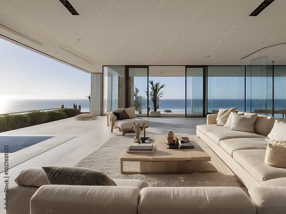 Luxury oceanfront property living room with panoramic view and sleek ...