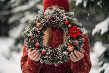 Christmas Decoration Evergreen Wreath in woman hands. Festive Christmas wreath of fresh natural spruce branches. New Year. Traditional decoration for Xmas holiday