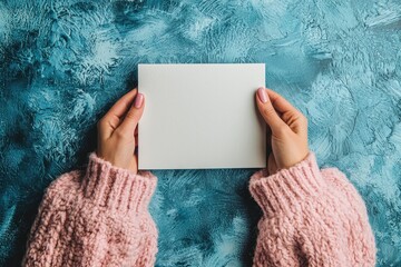 Two hands grasp a blank card, dressed in a soft pink sweater, set against a vibrant blue backdrop, creating a serene and inviting atmosphere