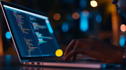 Close up of hands coding on a laptop at night.