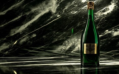 A green glass bottle of sparkling beverage on a dark, marbled surface, suggesting elegance and celebration.