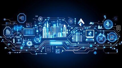 Futuristic city skyline with digital network connections and icons.