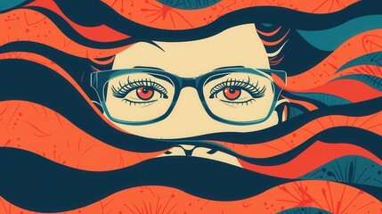 Aufkleber - Brightly colored eyeglasses float against a backdrop of swirling waves and striking eyes, showcasing a unique artistic style. Generative AI