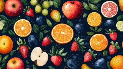 Wall Mural - This vibrant collection showcases a variety of fresh fruits such as apples, oranges, and strawberries arranged artfully with green leaves, highlighting their natural colors