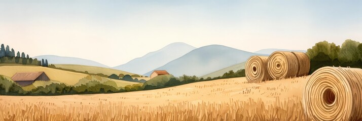 Hay bales in a field with rolling hills and a farmhouse in the distance.