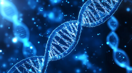 Biotech background, primarily in blue and white, symbolizing life and purity, featuringDNA strands
