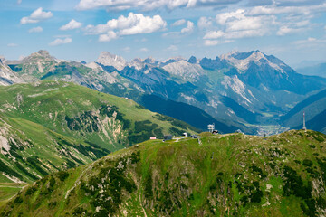 Fantastic alpine scenery at the Arlberg pass in Austria seen from a small plane