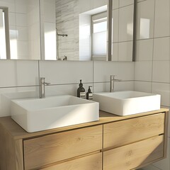 Contemporary washroom design, realistic image, luxury materials and finishes, oak wood touches, scandinavian design style, two sinks, large mirror, natural light, undermount sink