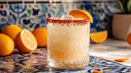 A Sangrita cocktail in a hand-painted glass with a spicy salt rim, set against an artistic blue-and-white tile background with scattered citrus fruits