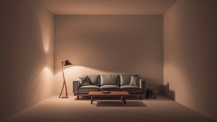 a living room with a couch and a lamp on the wall.