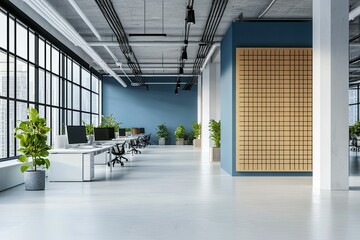 Modern office interior with large windows, blue walls, white desks, black chairs, and a wood panel wall.