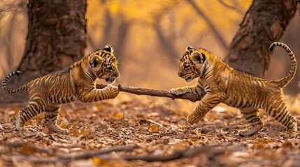 Two playful tiger cubs wrestle with a stick in a golden forest setting.