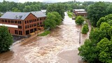 Aerial view of a flooded street with buildings surrounded by rising water, showcasing the impact of nature on urban areas.