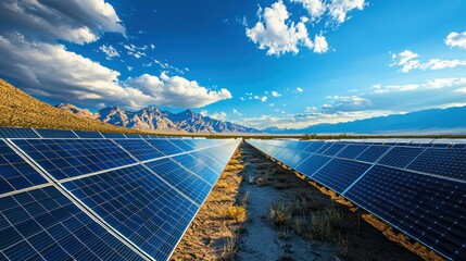 A massive solar array in the desert, capturing sunlight.