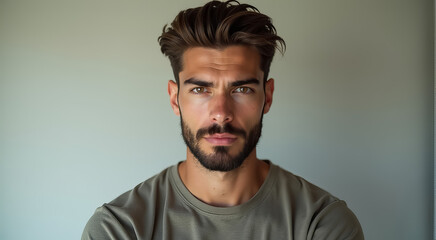 Canvas Print - A man with a beard and a black shirt is standing in front of a white wall