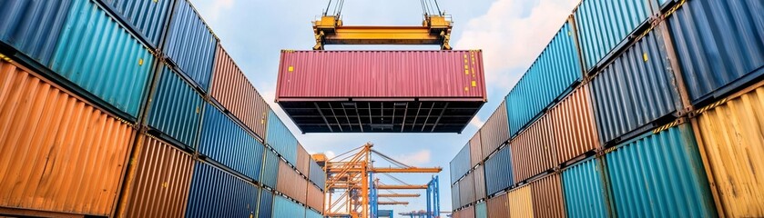 Cargo container being lifted by a crane in a bustling port, logistics and freight shipping concept, rows of containers, import-export industry, vibrant industrial scene