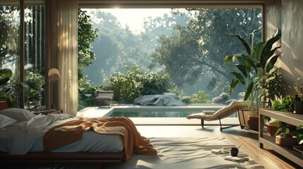 Wall Mural - the interior of a bedroom with a view of the swimming pool