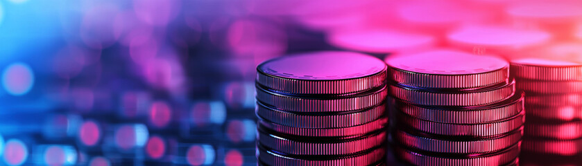 Colorful coins stacked with a vibrant backdrop, symbolizing finance.