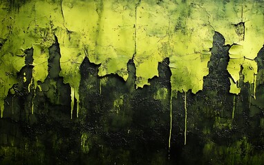 Leinwandbilder - An abstract, textured mural featuring a blend of green and black tones, suggesting a moody, atmospheric landscape with drips and layers.
