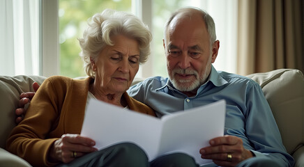 Two elderly men are sitting on a couch, reading a paper together