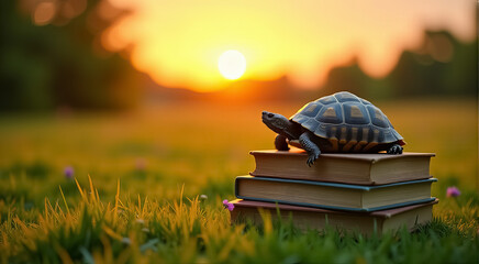 a turtle is sitting on top of two books in a field