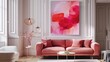 © Inigo - Classic interior living room with pink sofa, armchairs, coffee table, paintings on the wall.