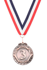 Wall Mural - Bronze medal with striped ribbon isolated on white, top view