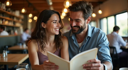 Sticker - A man and woman are sitting at a table in a restaurant, looking at a menu