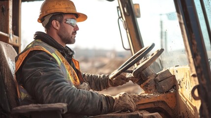 A construction equipment operator driving a bulldozer.