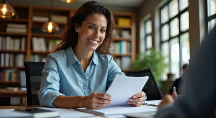 A woman is sitting at a desk with a white piece of paper in her hand