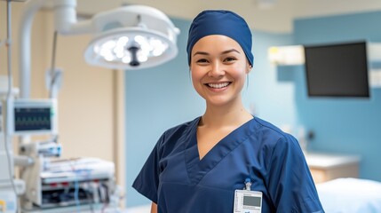 A cheerful nurse in blue surgical scrubs smiles confidently while standing in a well-lit operating room, representing healthcare and surgical care.