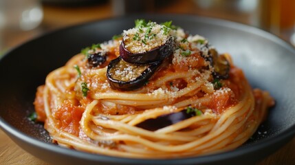 A dish of vegetarian pasta with eggplant and tomato sauce