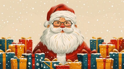 Wall Mural - Joyful Santa surrounded by colorful gifts on a snowy Christmas Eve, spreading holiday cheer and warmth. Generative AI