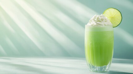 A vibrant green Brazilian lemonade served with a slice of lime and a frothy top, isolated on a light blue background with subtle sunbeam patterns