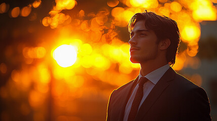 A man in a suit and tie stands in front of a tree with a yellow sun in the background