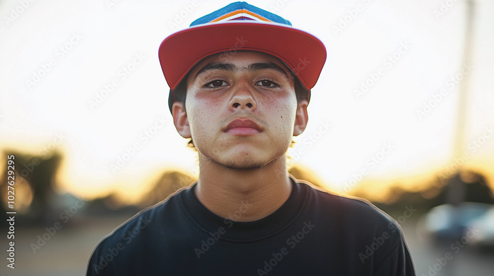 A young man wearing a red hat and a black shirt is standing in front of ...