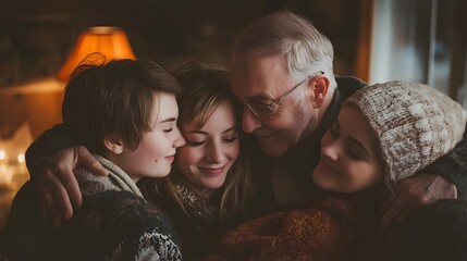 Family gathered in a warm embrace with soft lighting and gentle touches creating a sense of connection