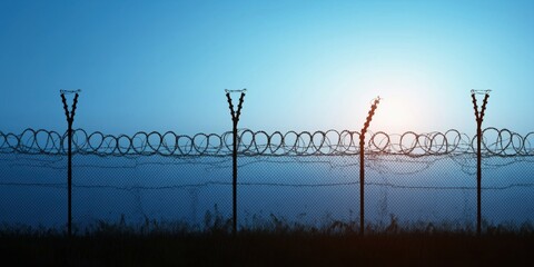 A barbed wire fence silhouette captured against a beautiful sunset, evoking feelings of confinement and freedom with a serene sky as the backdrop to the scene.