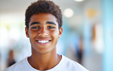 A young man with a smile on his face. He is wearing a white shirt. Concept of happiness and positivity