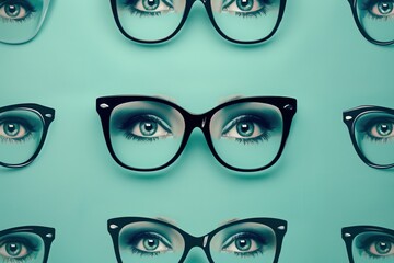 Aufkleber - A collection of eyeglasses is showcased against a vibrant background, featuring captivating stylized eyes for visual interest. Generative AI