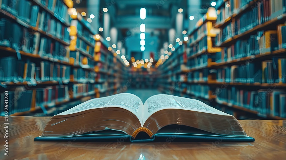 Education learning concept with opening book or textbook in library ...