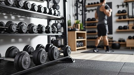 A person carrying a dumbbell set into a home gym.