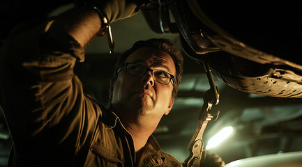 A man in a brown shirt is working on a car. He is wearing glasses and has a tool in his hand