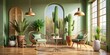 © Adisorn - Modern Interior Design Mockup: Empty Wall, Cactus, Plants, Rattan Chairs and Table 3D Rendering for Architectural Photography