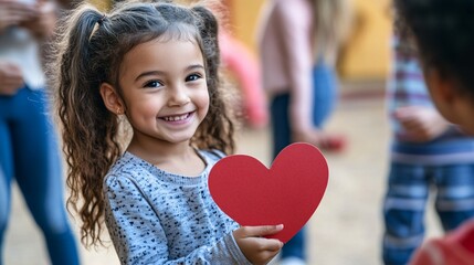 Young Girl with Curly Hair Smiling and Holding a Red Heart