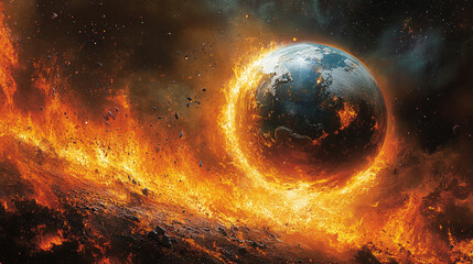 burning planet Earth in space, set against a bright blue backdrop. This powerful visual symbolizes climate change, environmental crisis, and the urgent need for global awareness